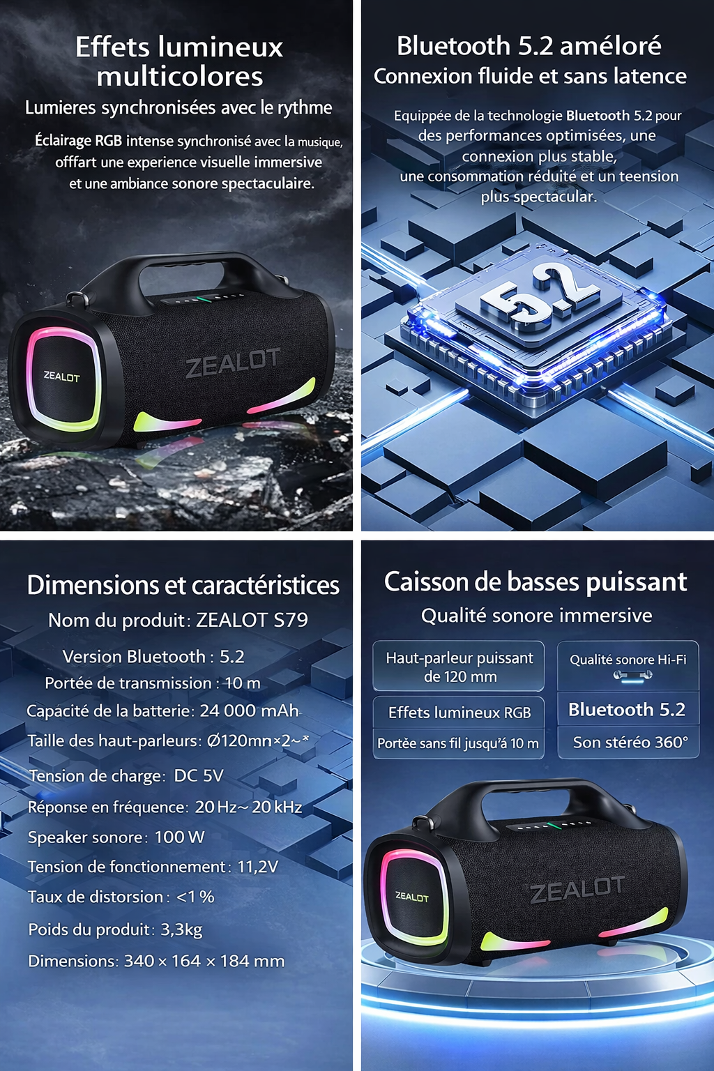 ZEALOT – Enceinte Bluetooth Portable Haute Puissance 5.1, Basses Renforcées & Batterie XXL 24 000 mAh