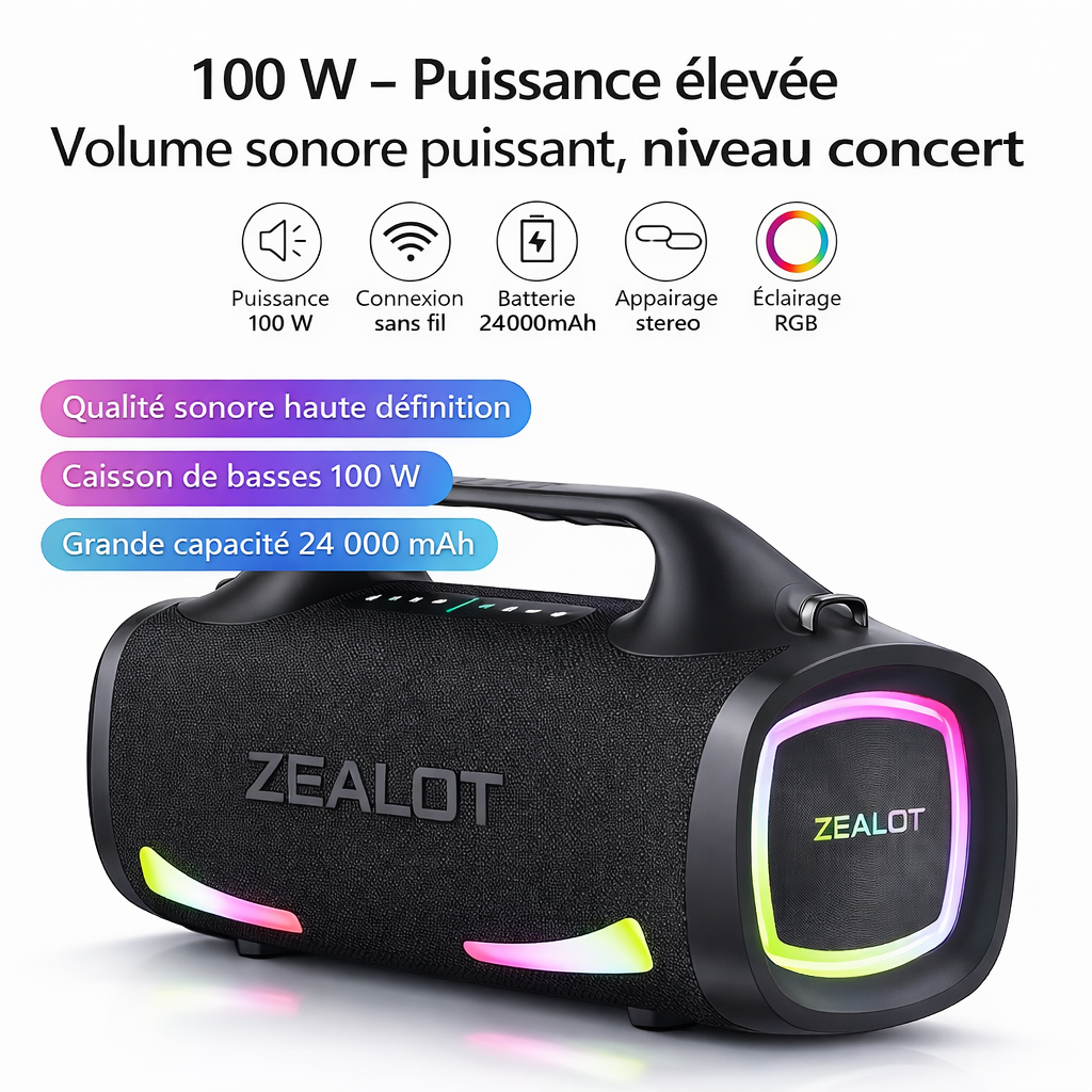 ZEALOT – Enceinte Bluetooth Portable Haute Puissance 5.1, Basses Renforcées & Batterie XXL 24 000 mAh