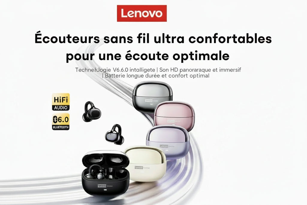 Lenovo LE302 – Écouteurs Bluetooth Open-Ear à Clip d’Oreille | Son Hi-Fi, Sport & Appels Mains Libres